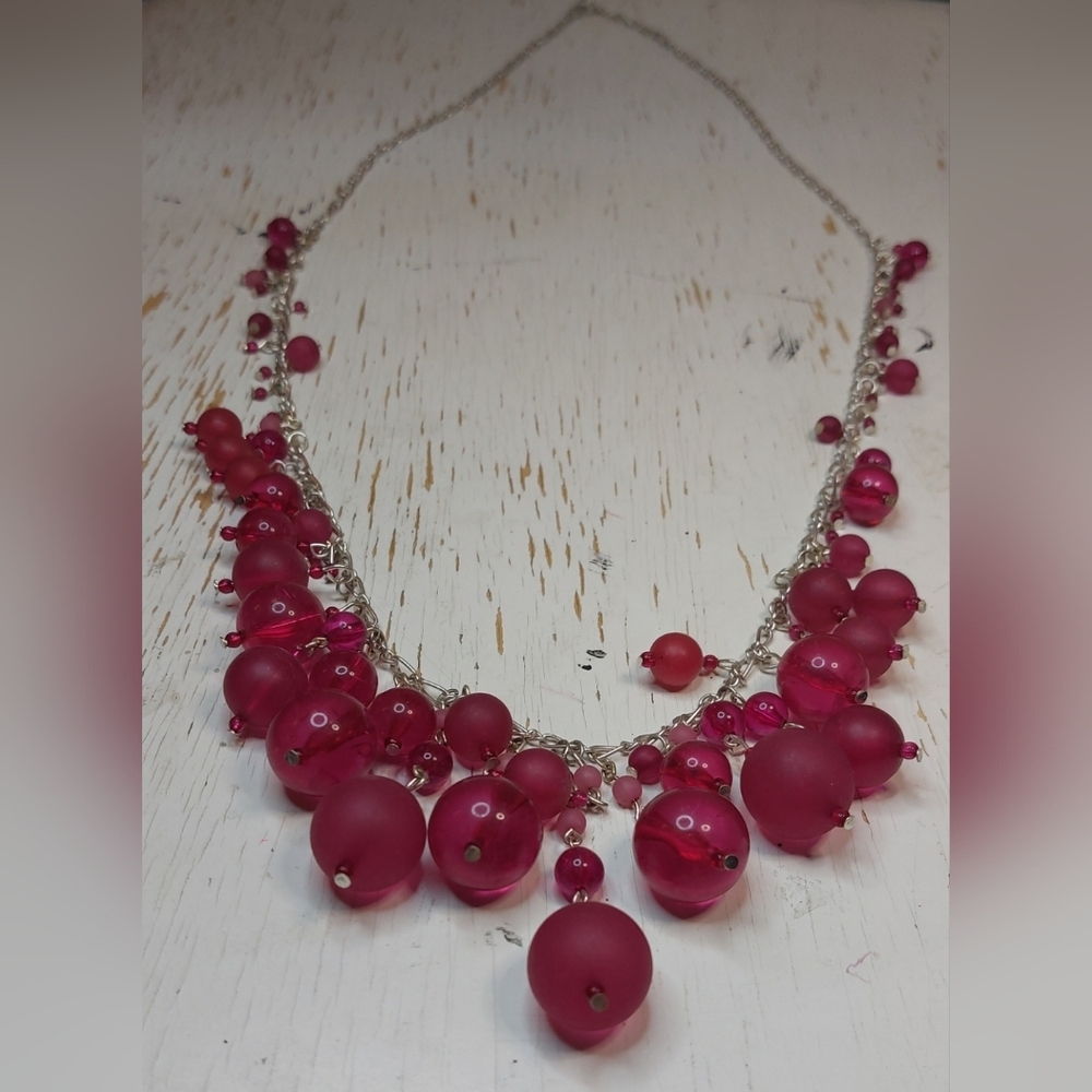Dark Pink Glass Bead Long Necklace Variety of Size Beads Statement Piece